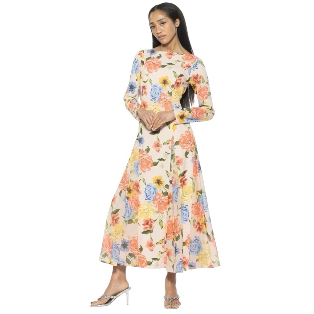 Long Sleeve Floral Maxi Dress in Cream with Pastel Blooms